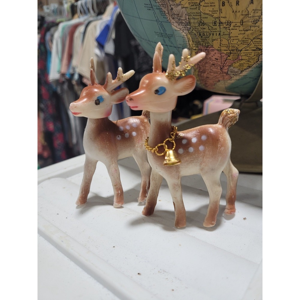 2 Small Plastic Fawn Deer Hong Kong Gold Bell Vintage